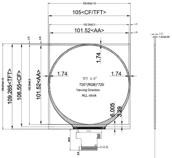 4inch full round mipi dsi tft lcd screen 720*720 ips circle car lcd display panel