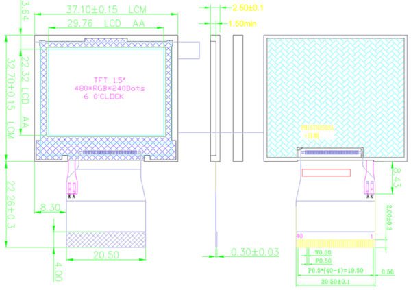 1.5inch landscape tft lcd display 6:00 480*240 rgb 16bit industrial lcd screen