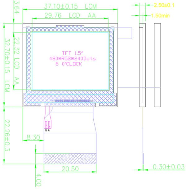 1.5inch landscape tft lcd display 6:00 480*240 rgb 16bit industrial lcd screen