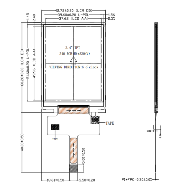 2.4inch transflective tft lcd display 6:00 240*320 spi interface outdoor lcd screen