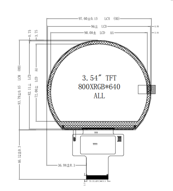 3.54inch round oval shape tft lcd screen 800*640 ips 1000nit spi rgb fl5893 gauge lcd display